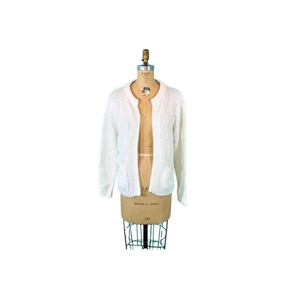 Vintage 1980s Chunky Cardigan Solid White Pocketed Open Sweater - Picture 2 of 10
